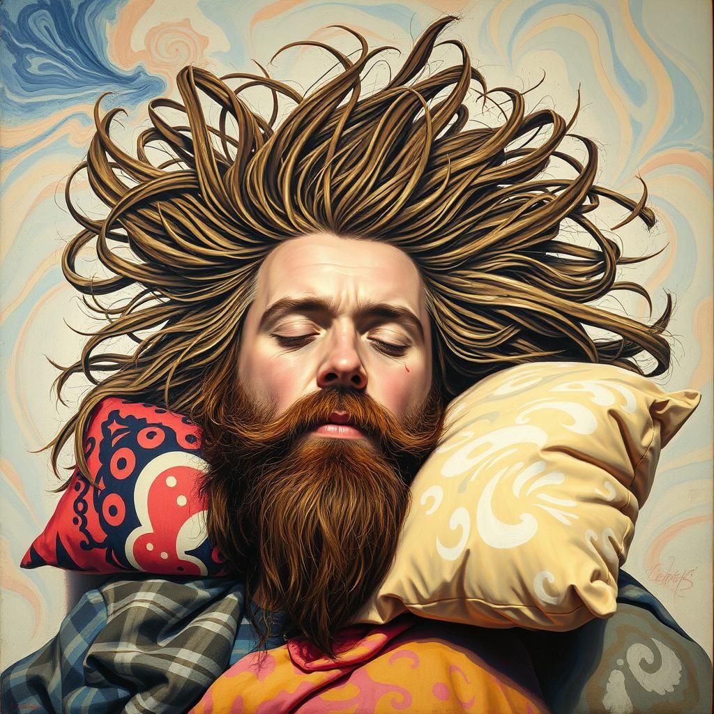 Bearded Man's Chaotic Awakening: Oil on Canvas
