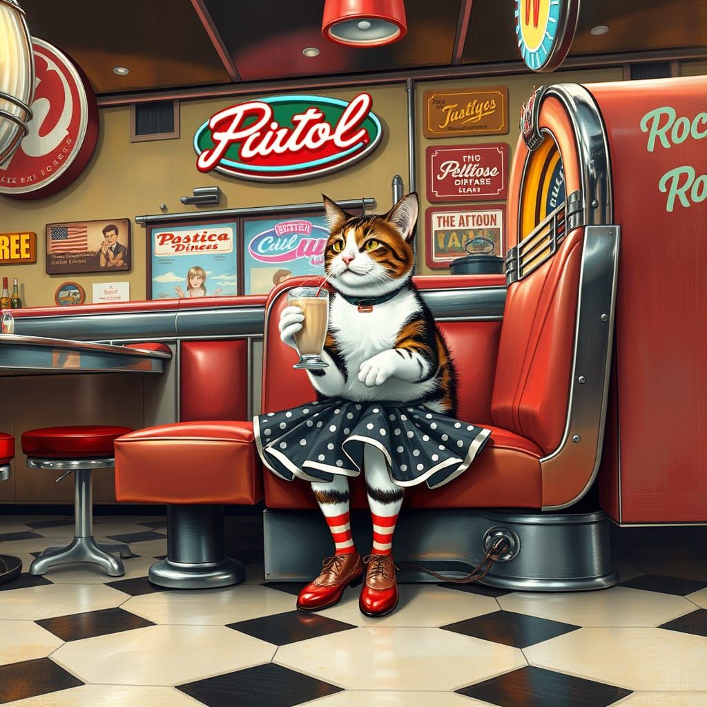 Calico Cat in Diner Booth, 1950s Americana Style