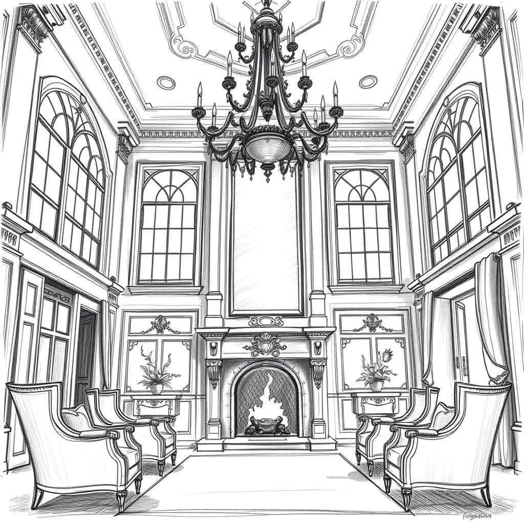 Elegant Mansion Living Room in Expressive Black-and-White Pe...