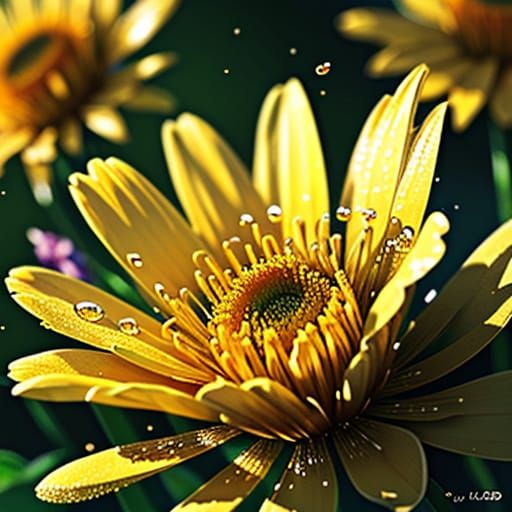 Golden Light on a Lifelike Bee Amidst Dewy Petals in Hyper-R...