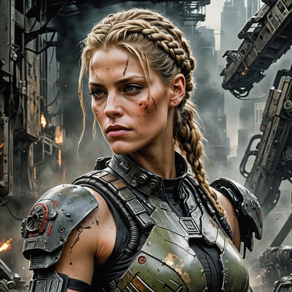 Cyborg Warrior in Post-Apocalyptic Acrylic Painting