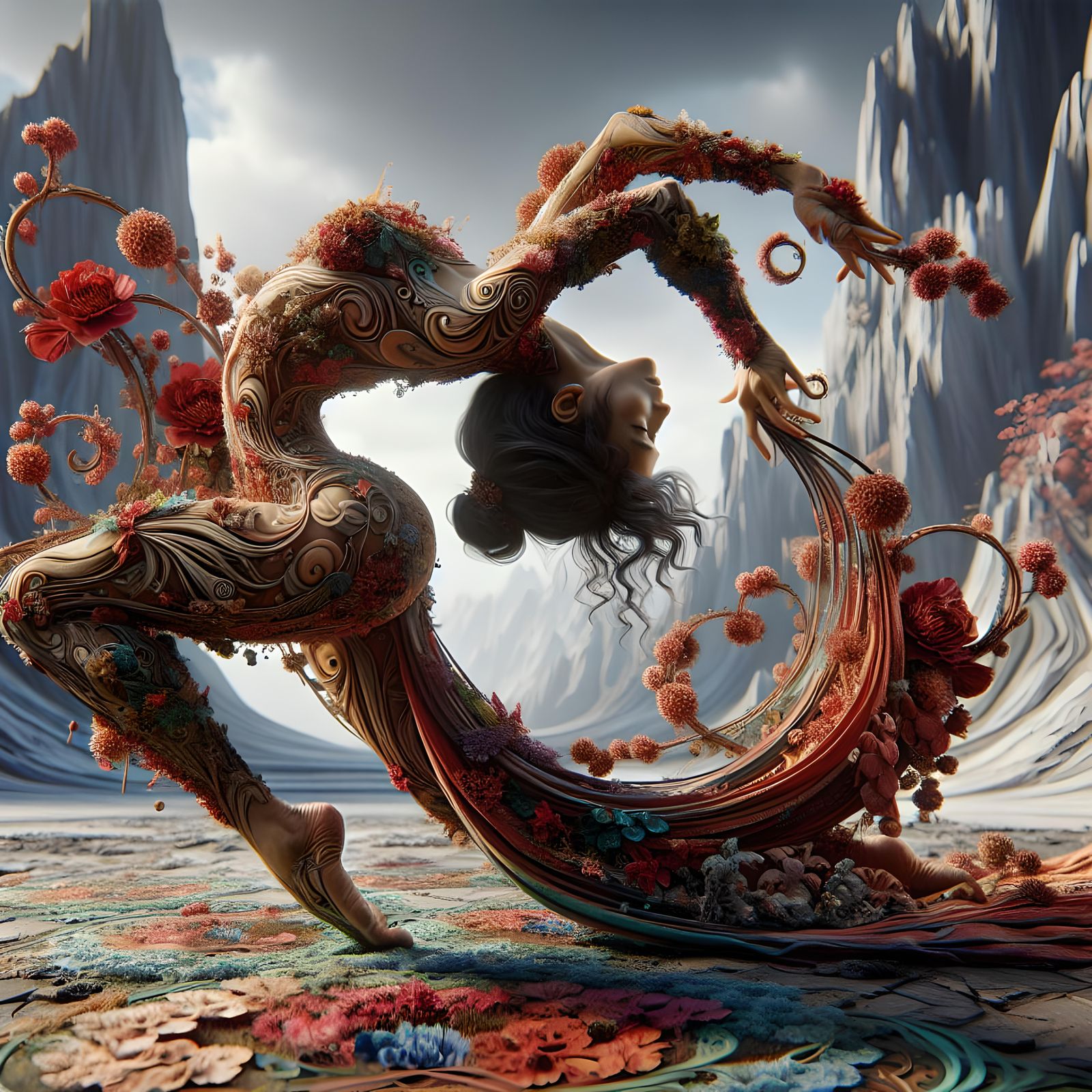 Surreal Fantasy Contortionist in Floral Outfit