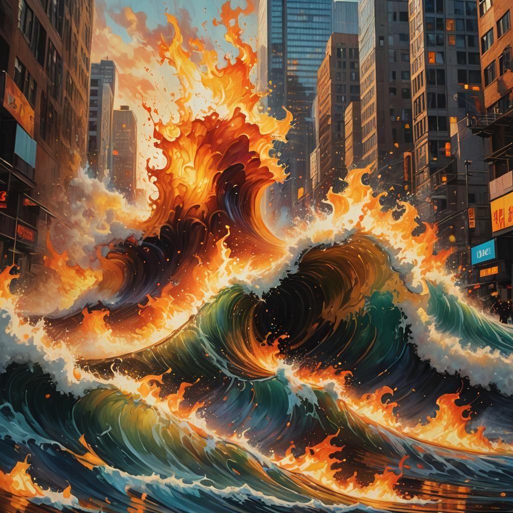 Inferno Tsunami Engulfs City: Hyperrealistic Splash Art