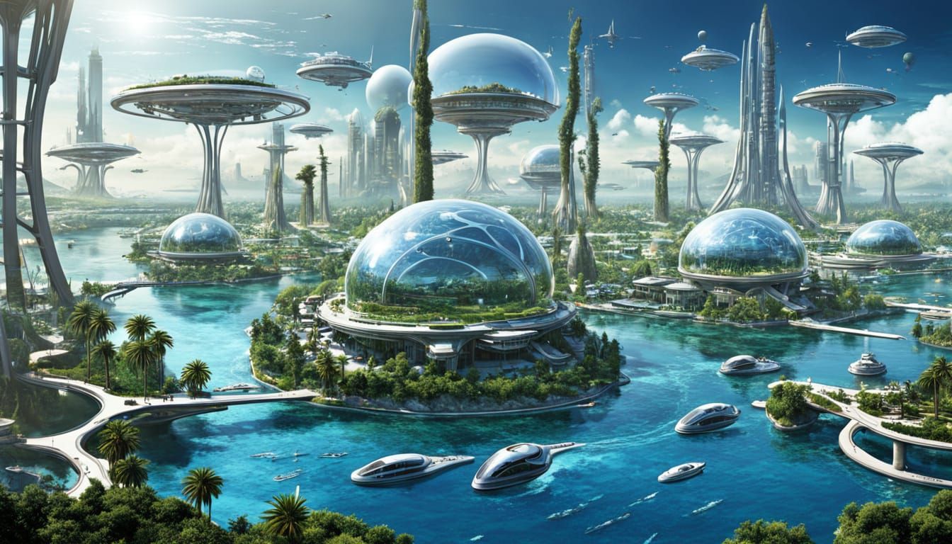 Futuristic Alien Cities Floating on Water Planet