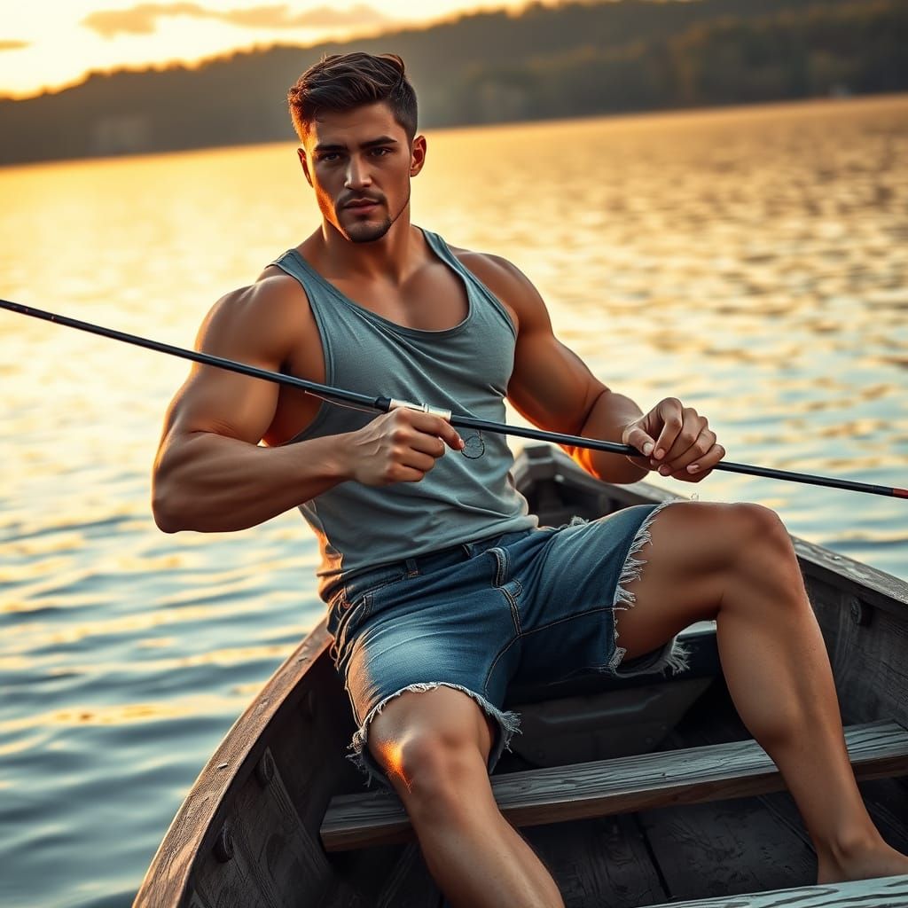 Man Fishing at Sunset: Realistic Portrait