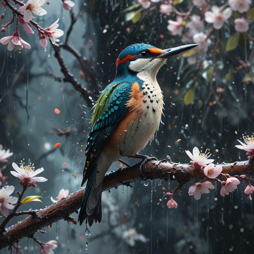 Luminous Woodpecker on Blossoming Branch: Watercolour