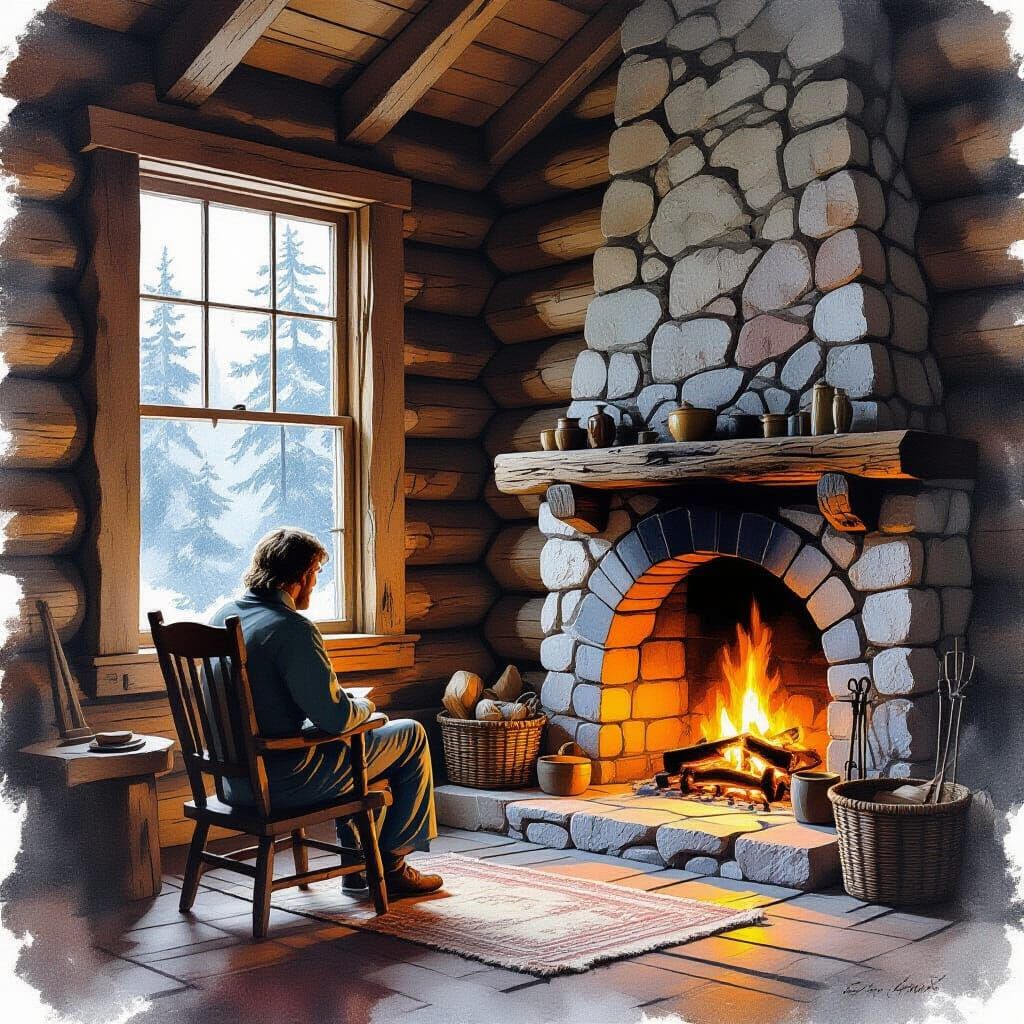 Figure by Fireplace in Rustic Cabin Overlooking Forest