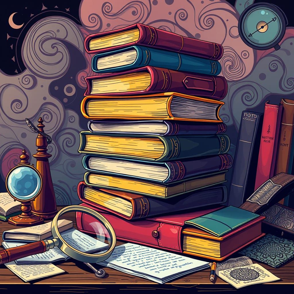 Mystery Books and Detective Tools in Abstract Vector Style