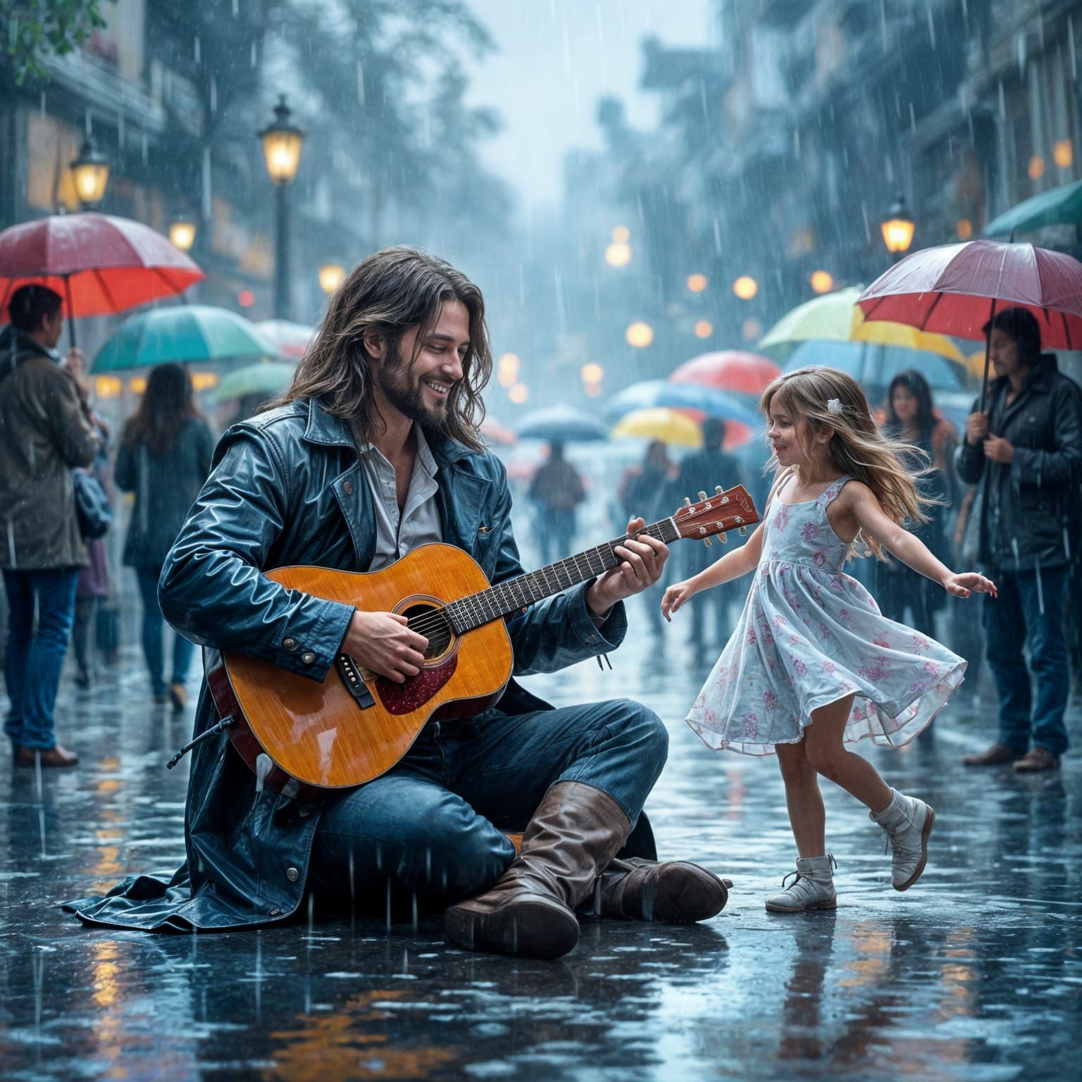 Rainy Day Guitar Serenade: Ethereal Fantasy Scene