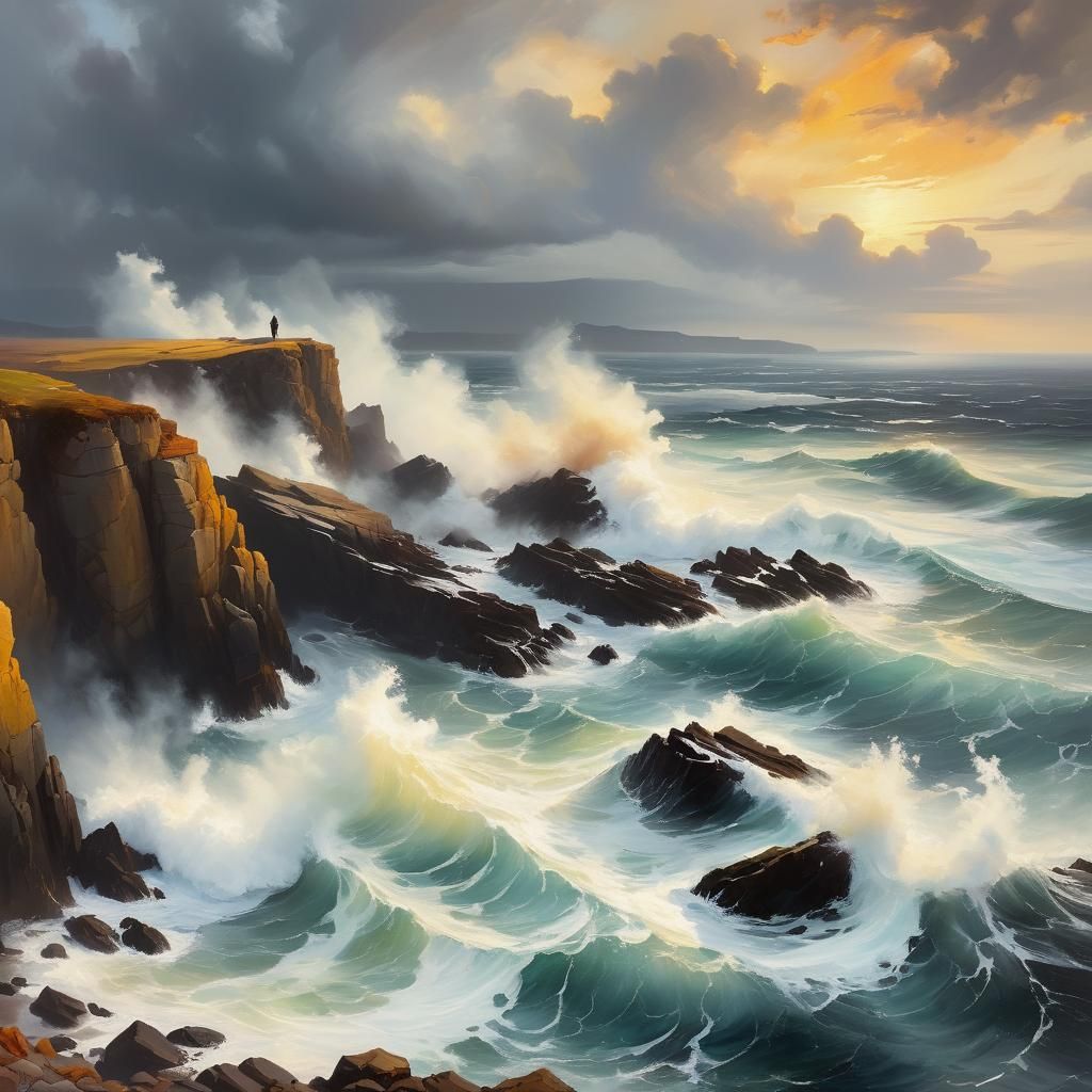 Seascape: Lone Figure on Cliff in Oil Painting Style