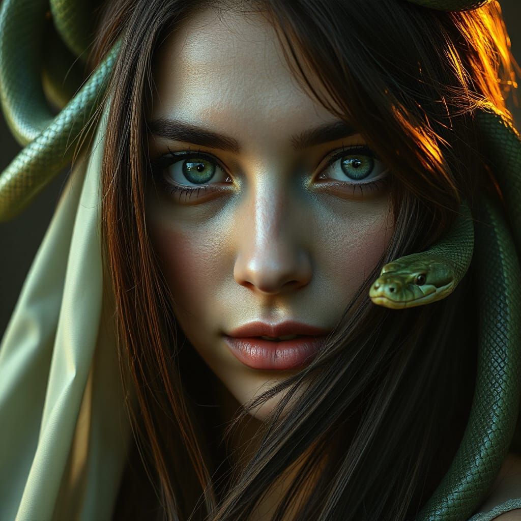 Surreal Green-Eyed Medusa in Renaissance-Inspired Portrait w...