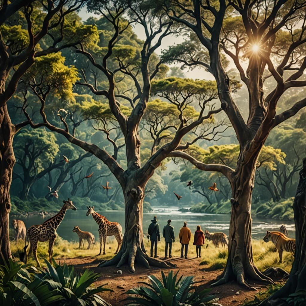 Vibrant Forest Scene with Diverse Wildlife