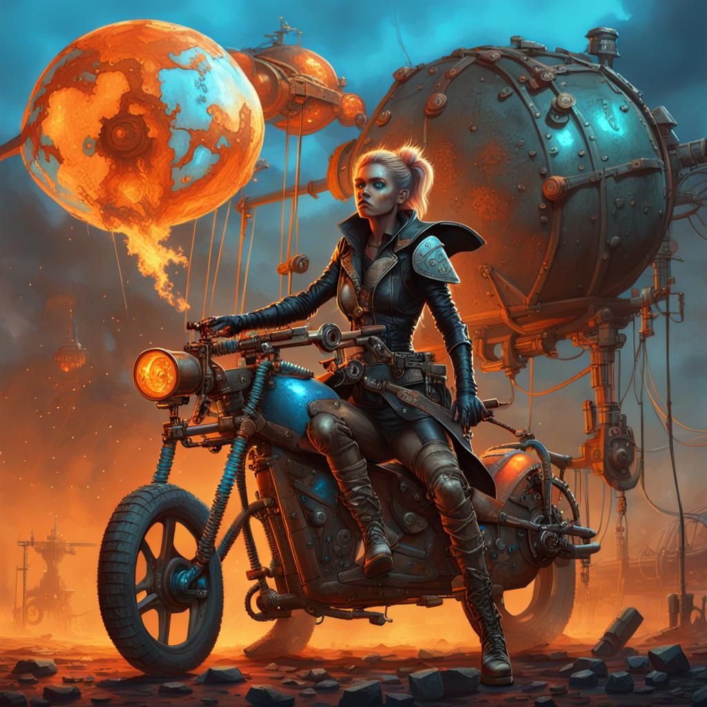 Steampunk Wastelander Elf Witch on Helicopter Bike