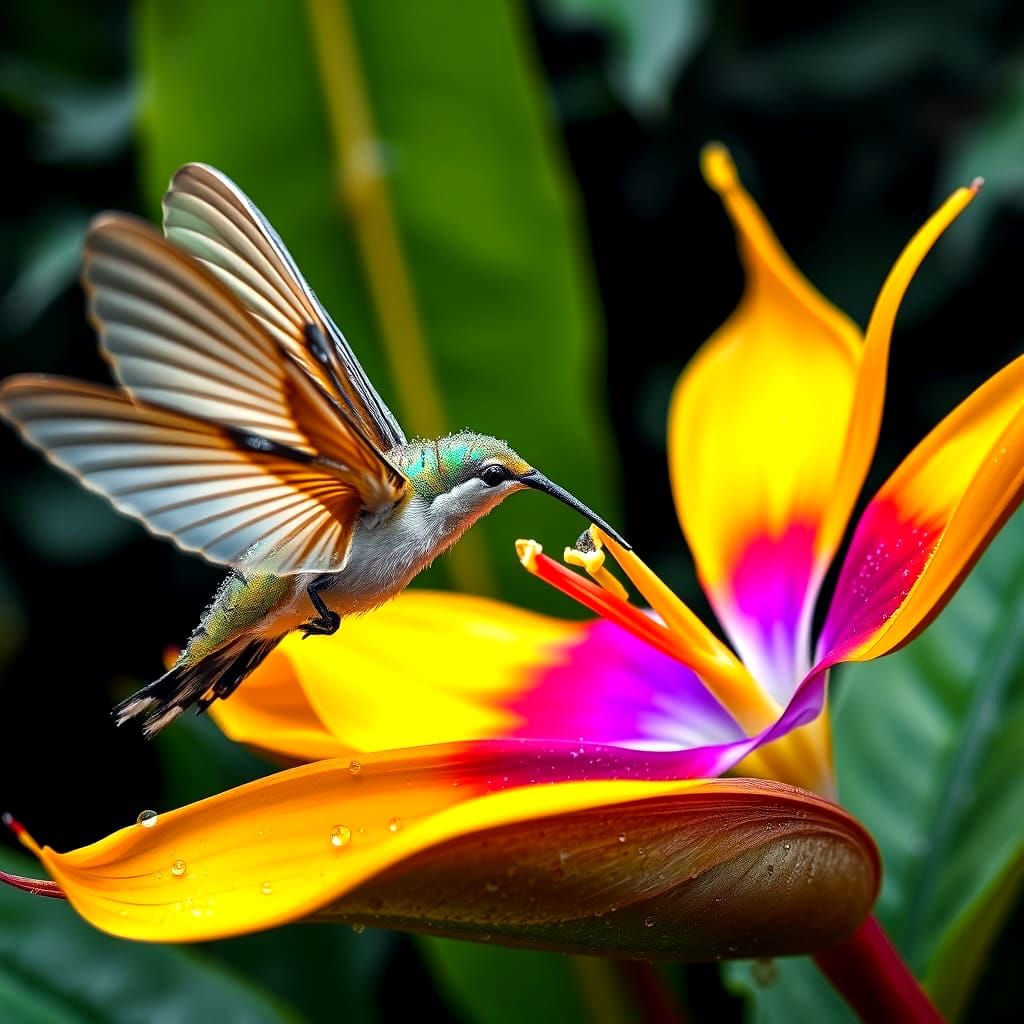 Vibrant Hummingbird Moth in Lush Rainforest Bloom