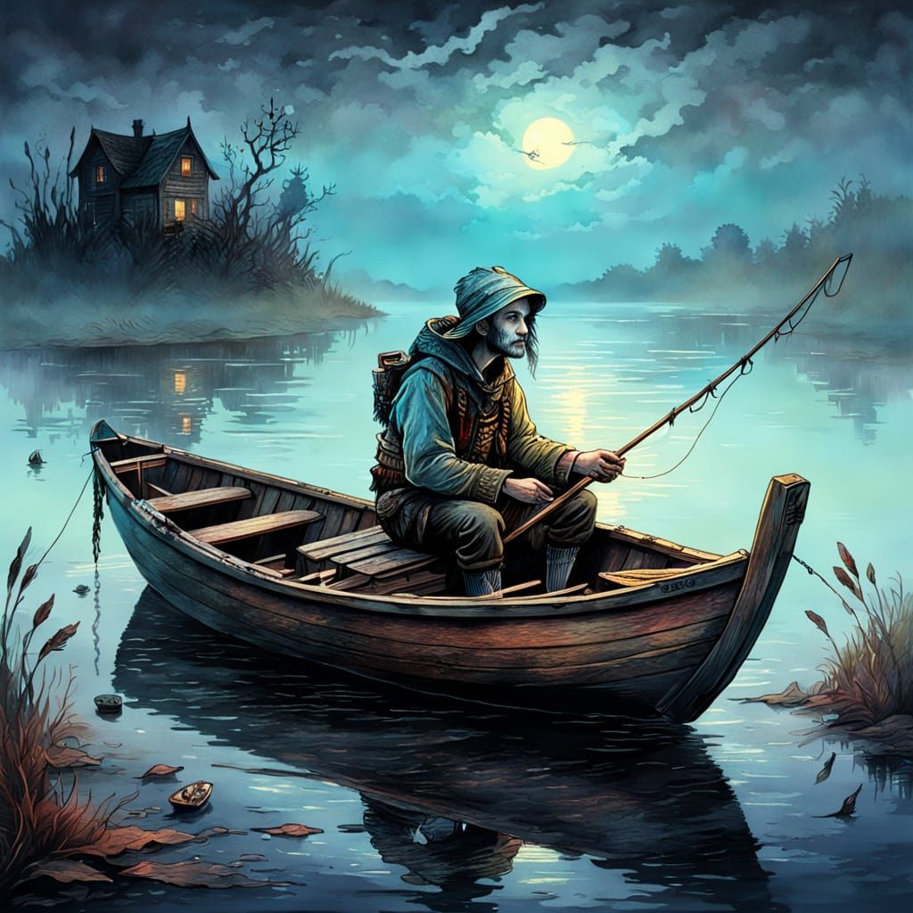 Dark Fantasy Fisherman at Dawn in Spectral Mist