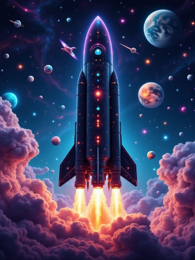 Giant Rocket Ship Launching into Deep Space