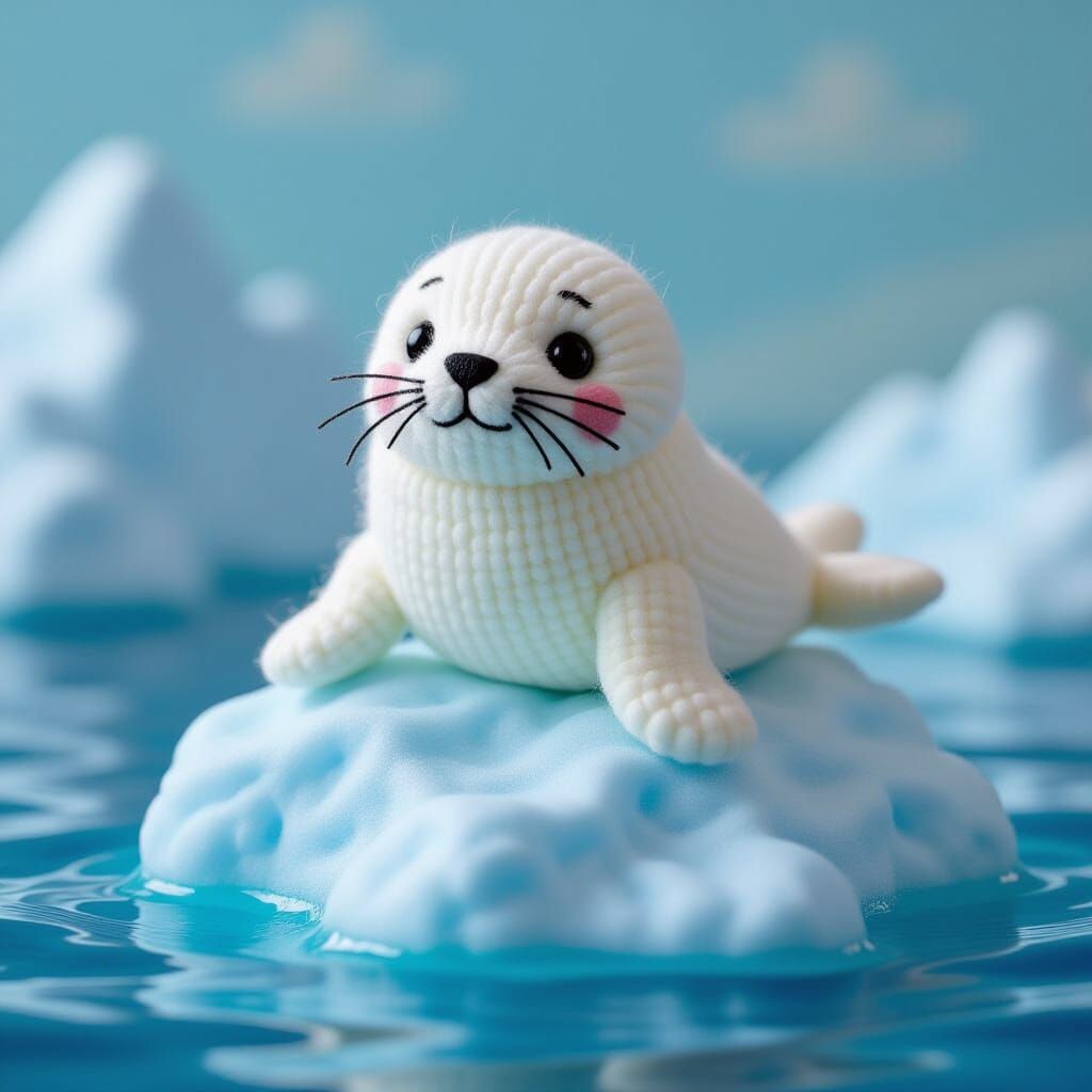 Miniature Felted Seal on Iceberg, Cute Character Design