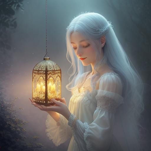 Vampire's Gaze Meets Luminous Smile in Ethereal Fantasy