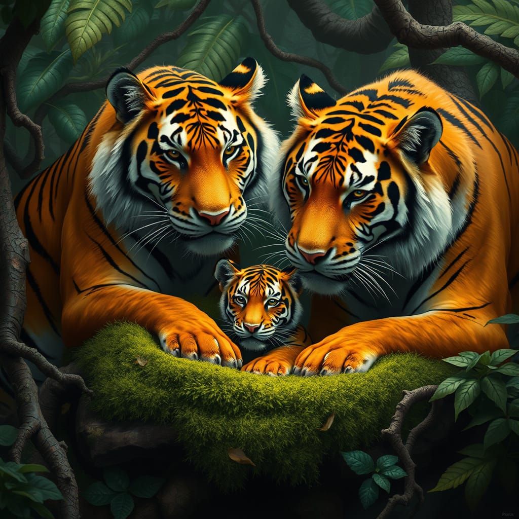 Majestic Tigers Protect Adorable Baby Tiger in Lush Jungle N...