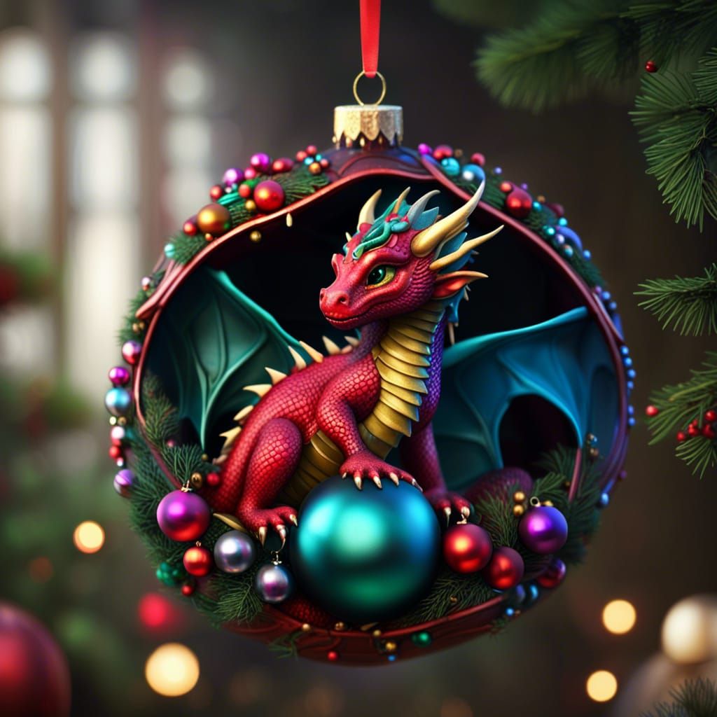 A dragon Christmas ornament, cute baby dragon curled around a round Christmas ornament, detailed, colorful