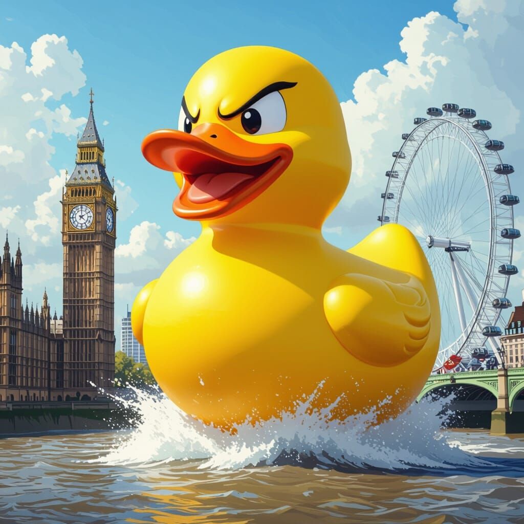Giant Rubber Duck Attacks London in Cartoon Style