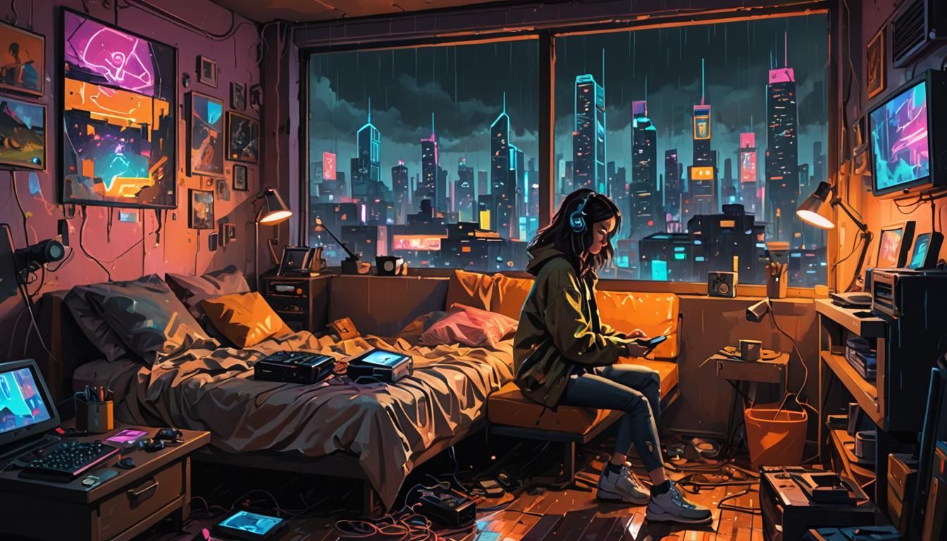 Cyberpunk Girl Plays Retro Game in Rainy City
