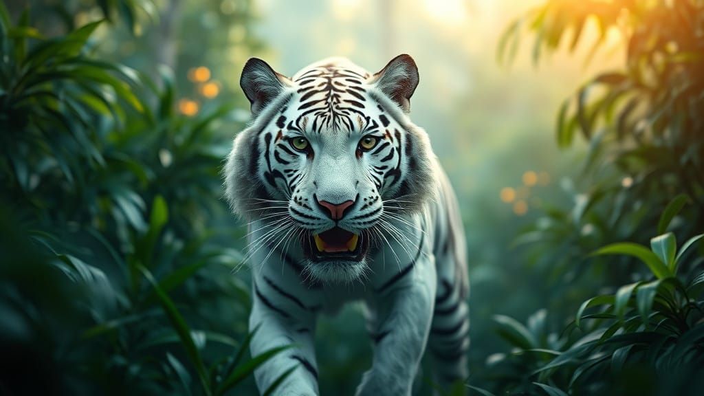 Majestic White Tiger Emerging from Jungle in Epic Cinematic...