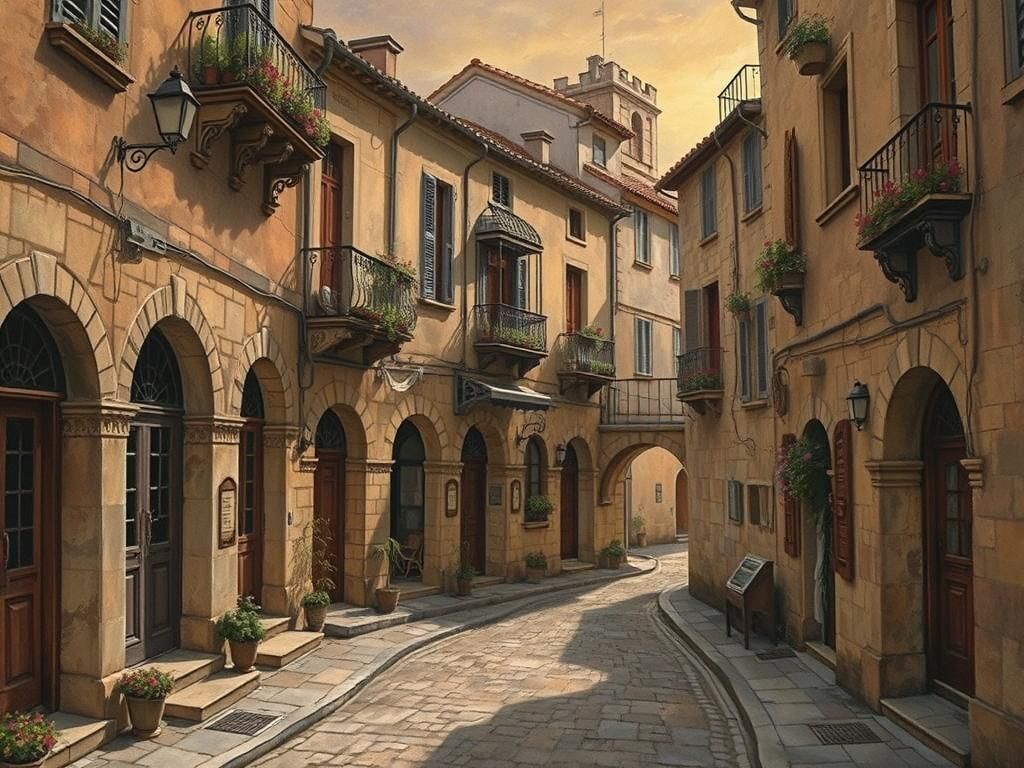 Mediterranean Street Scene in Art Nouveau Style