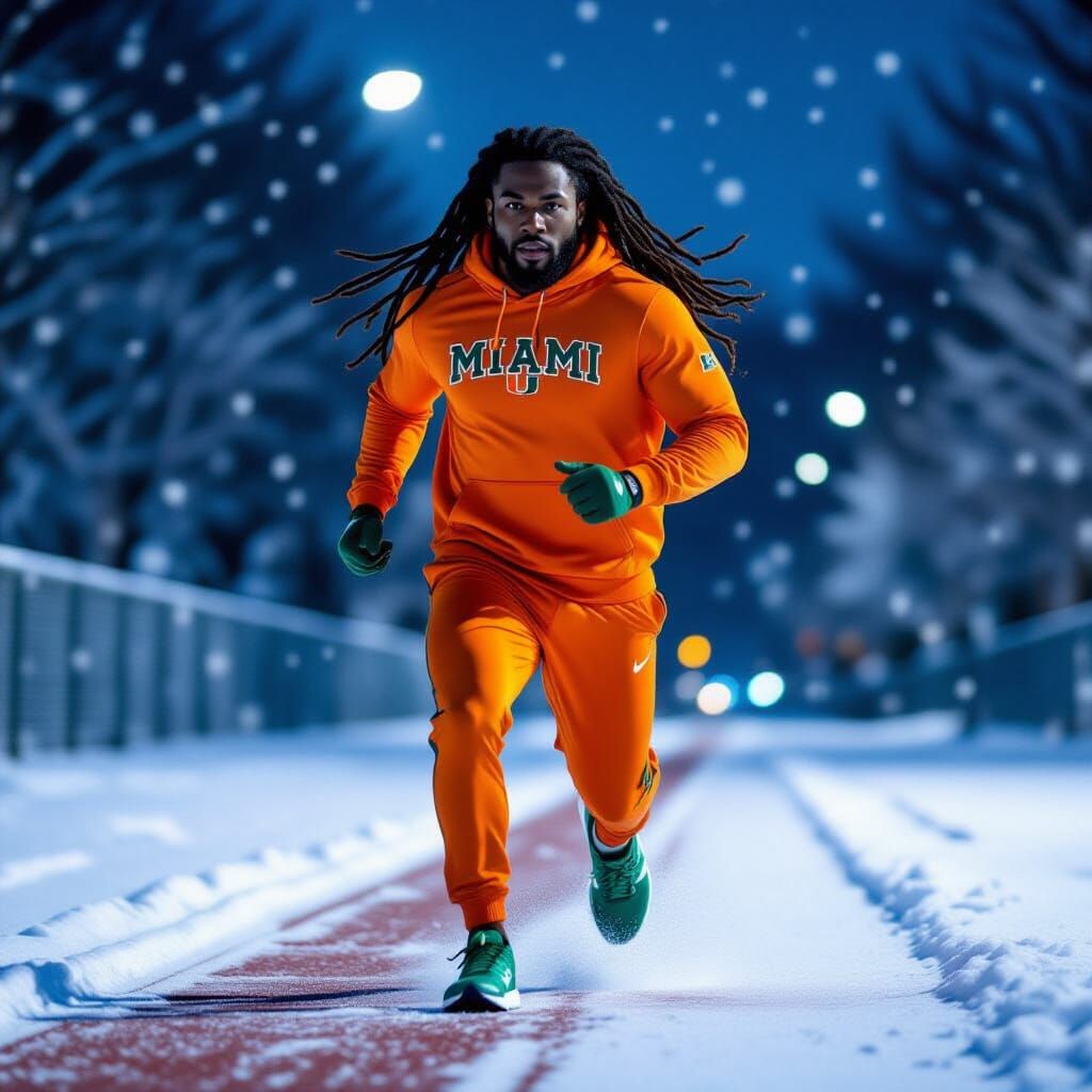 Man in Miami Hurricanes Gear Runs in Moonlight