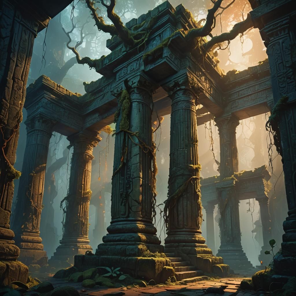 Mysterious Overgrown Temple in Dark Fantasy Style