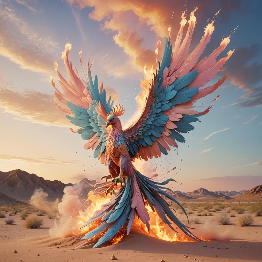 Phoenix Rising in a Pastel Surrealist Desert