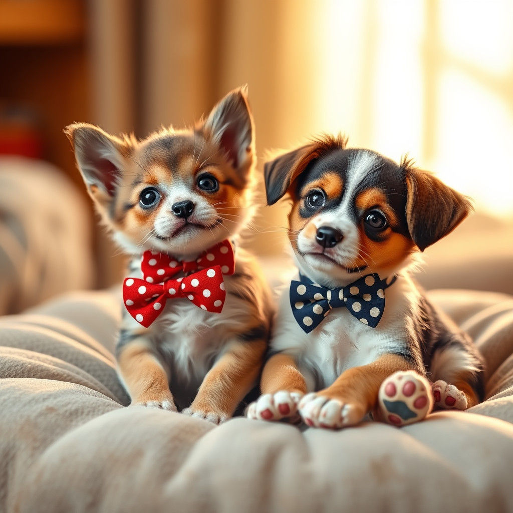 Kitten and Puppy with Bow Ties in Nostalgic Realism