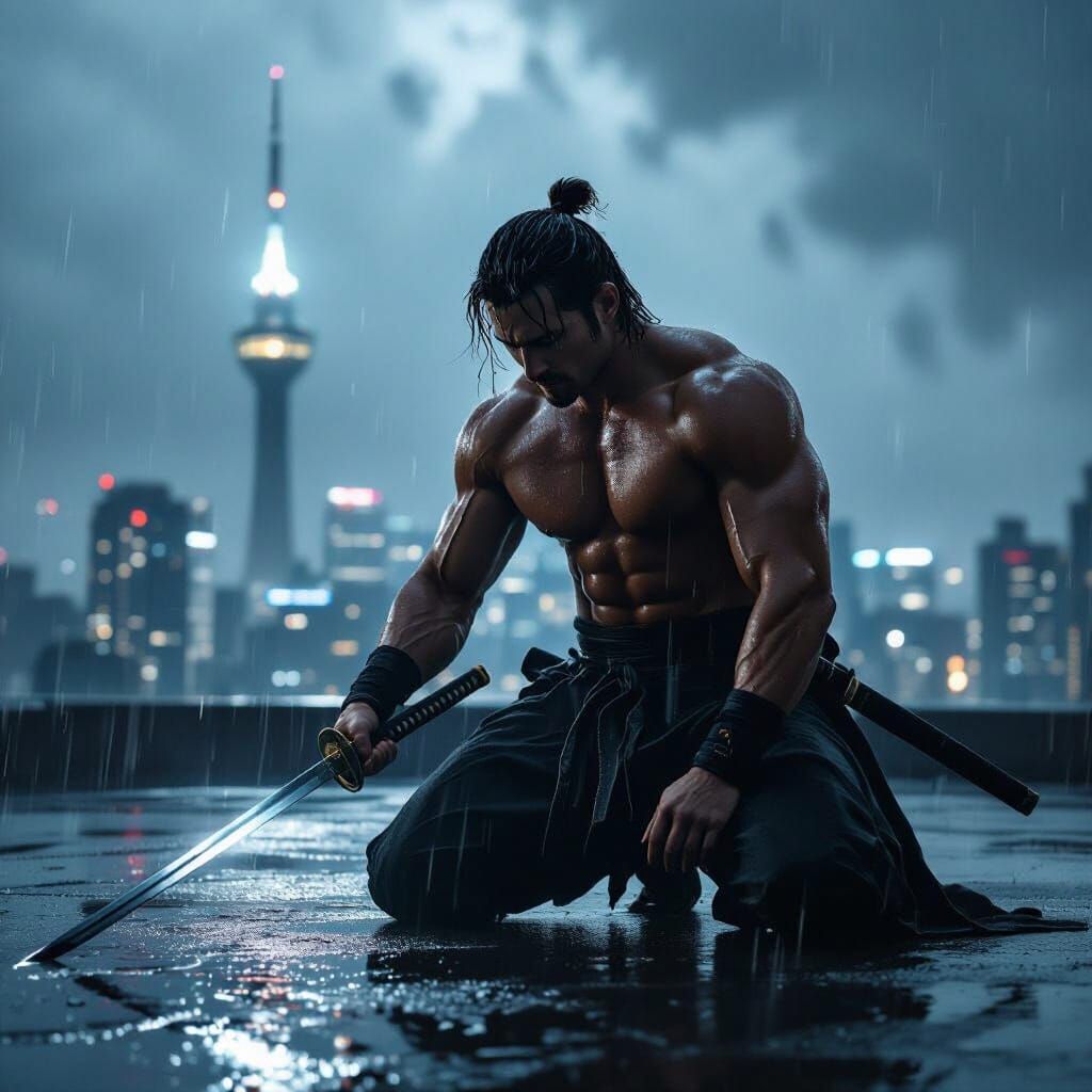 Muscular Man Kneeling with Katana in Stormy City