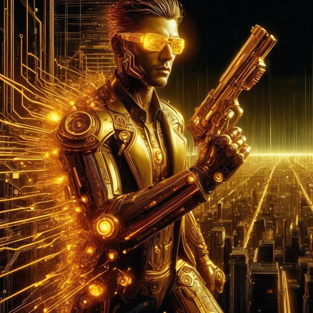 Cyberpunk Detective in Golden Bioluminescent City