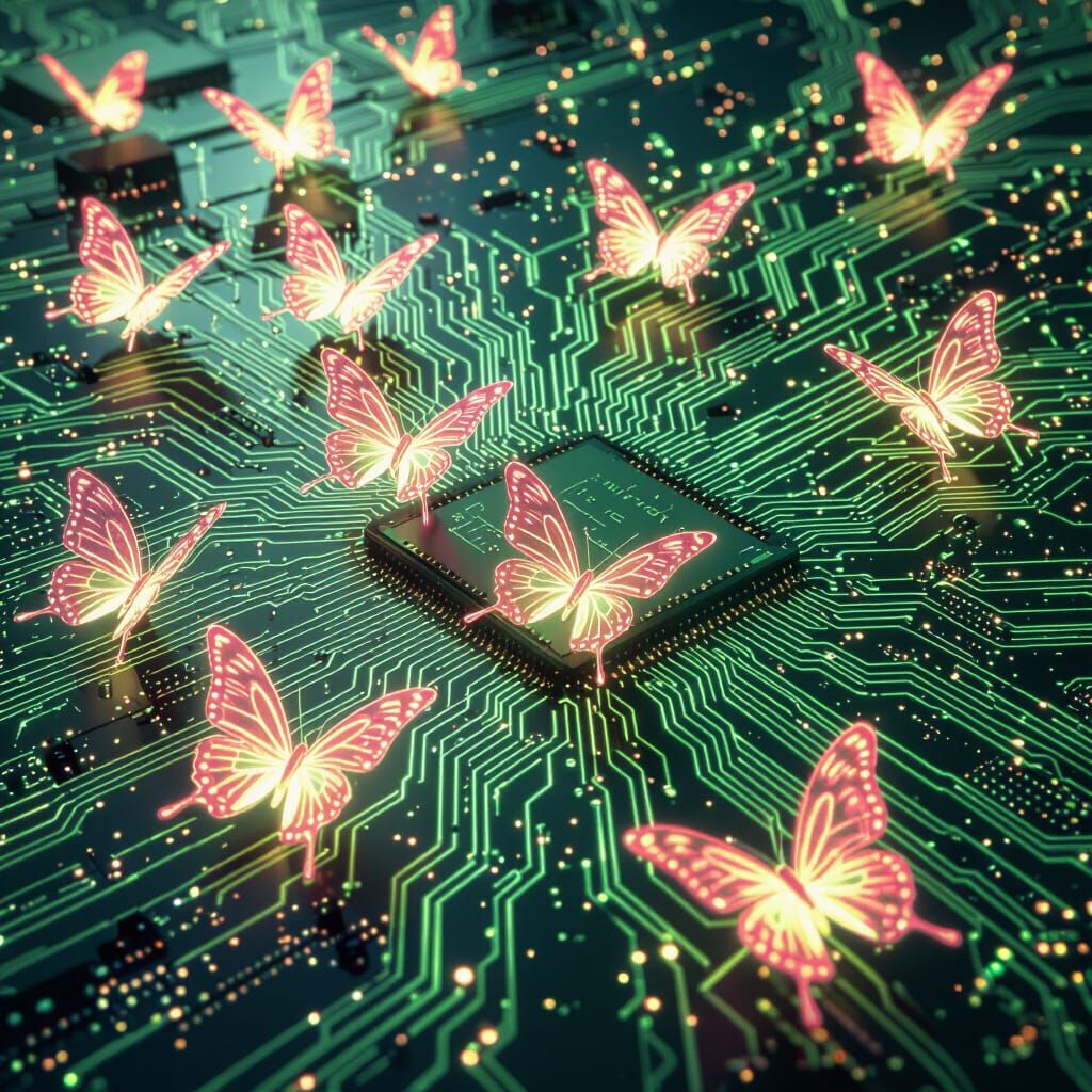 Neon Butterflies on Circuit Board, Sci-Fi Digital Art