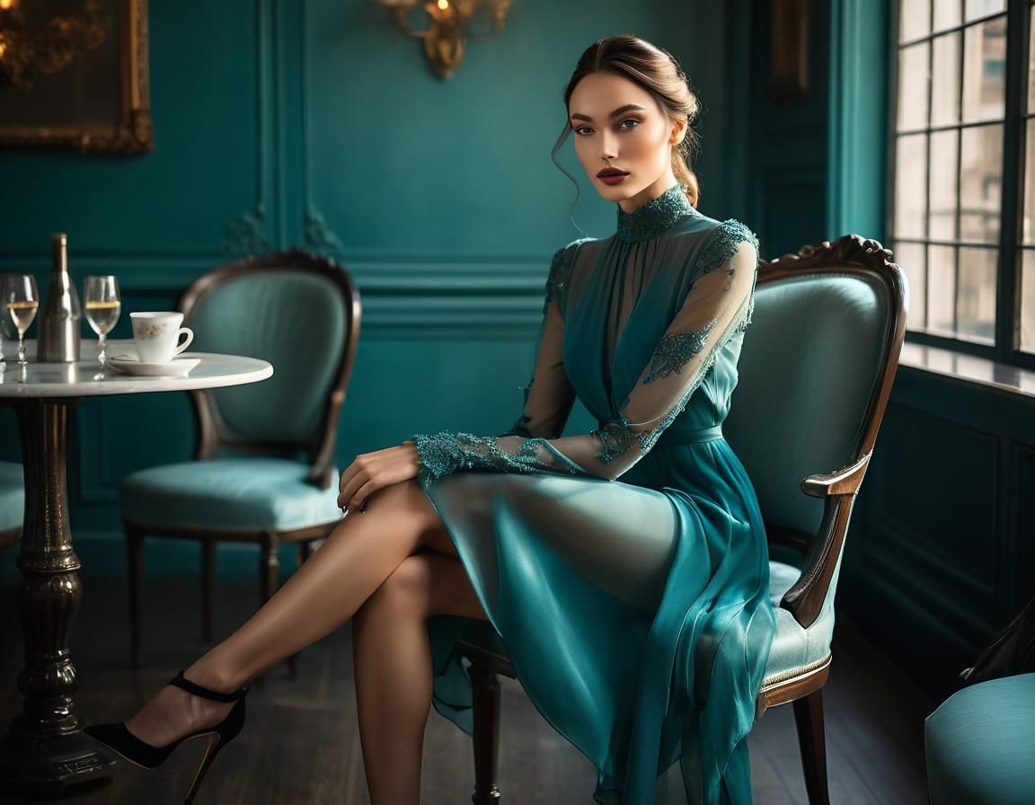 Teal-Eyed Woman in Cafe, Art Deco Style