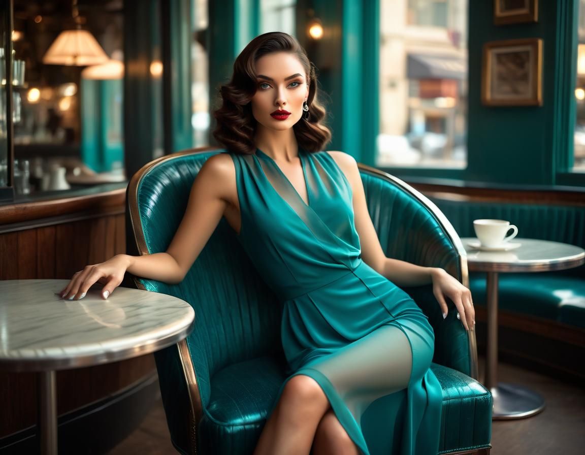 Elegant Woman in Art Deco Dress, Dreamy Cafe Scene