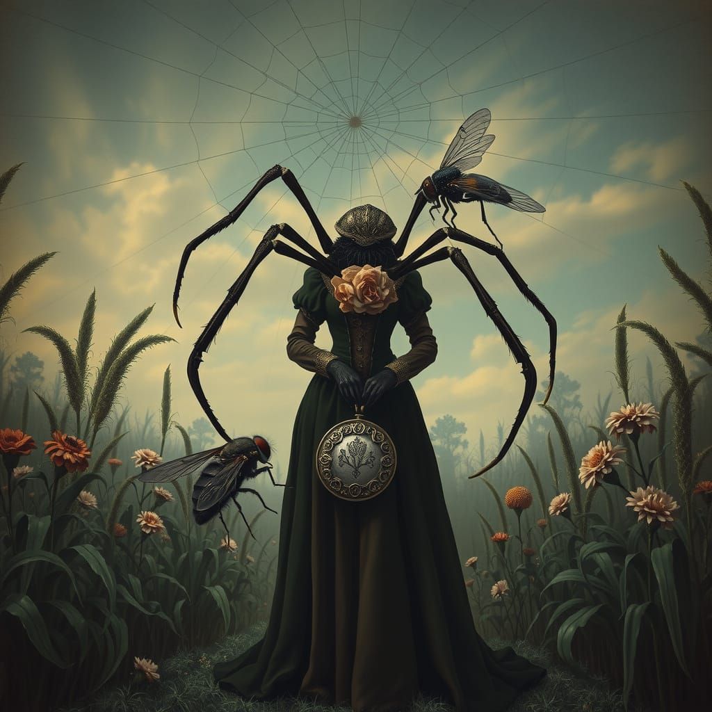 Victorian Spider in Overgrown Garden with Fly