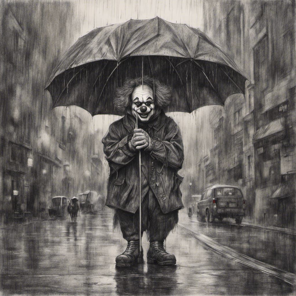 a charcoal drawing of  a sad clown in a rainy city, holding ...