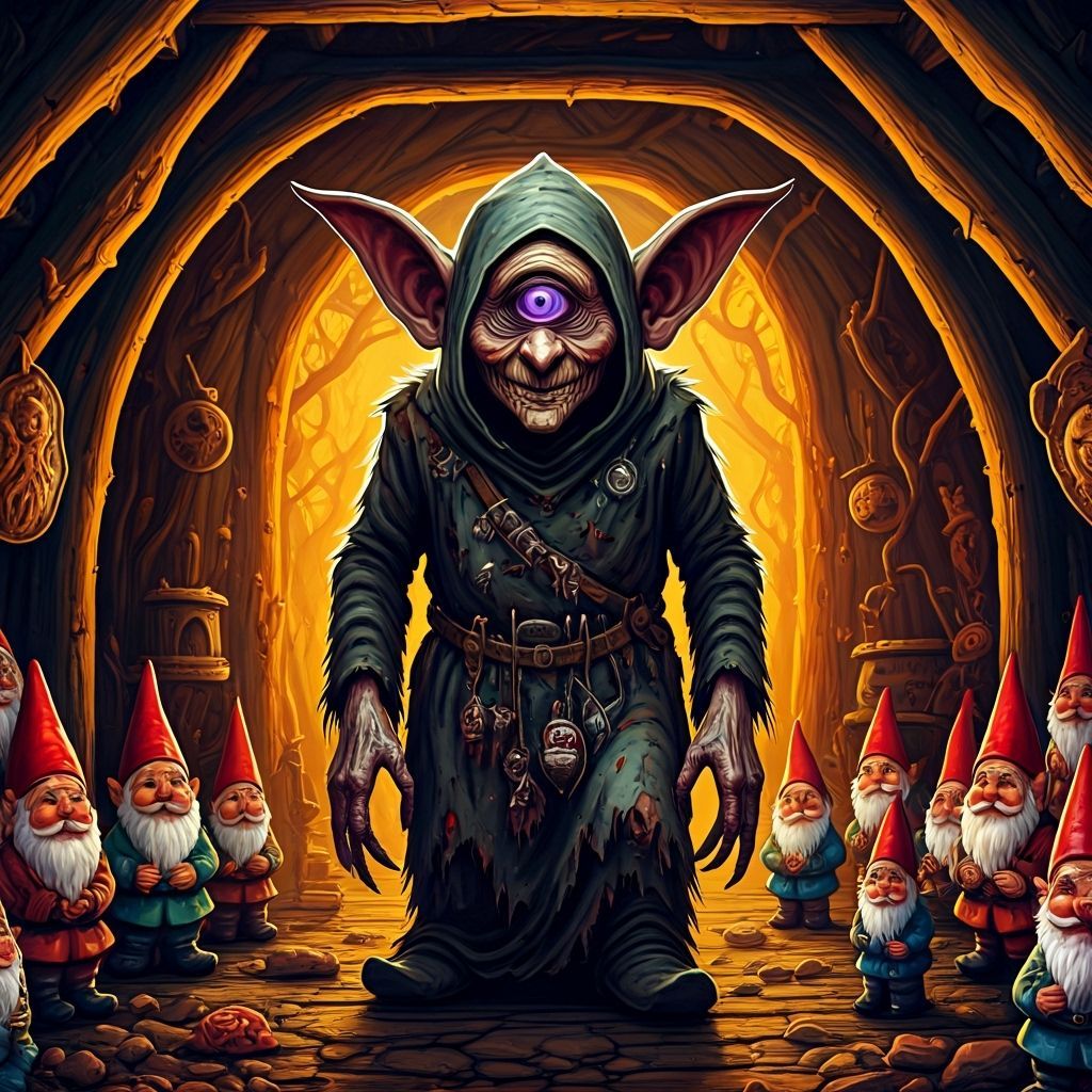 Evil Gnome Collector in Cluttered Hut