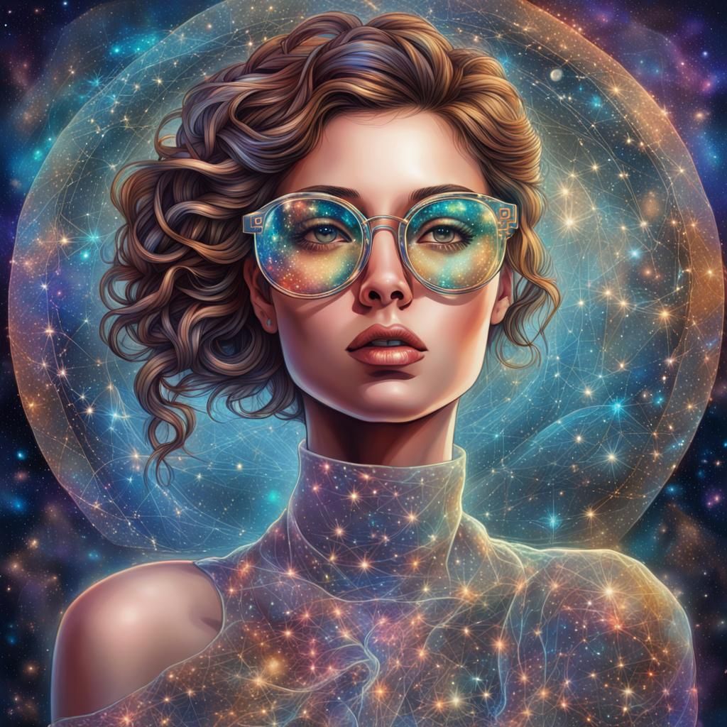 Stylish Girl with Glasses in Cosmic Illustration