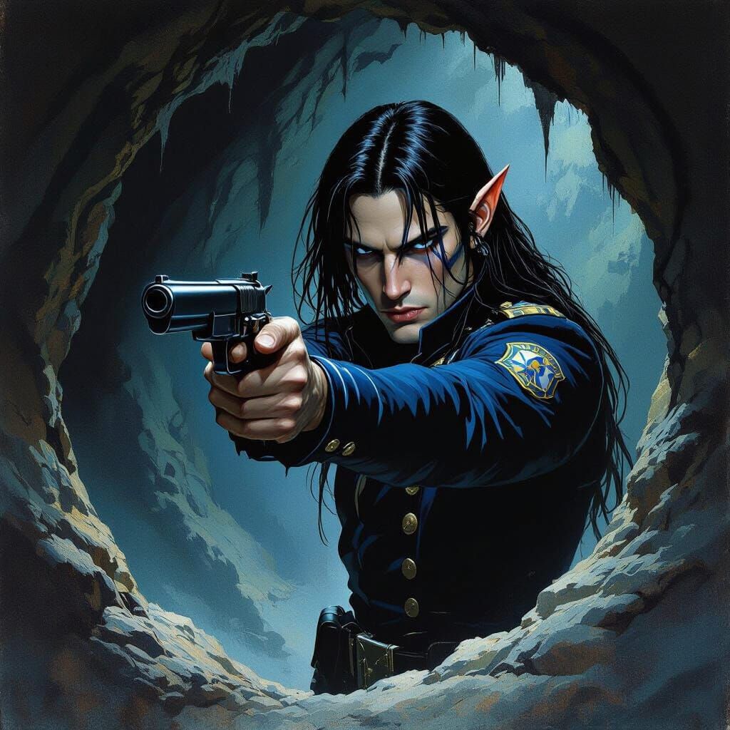 Fantasy Warrior Points Pistol in Dark Cave