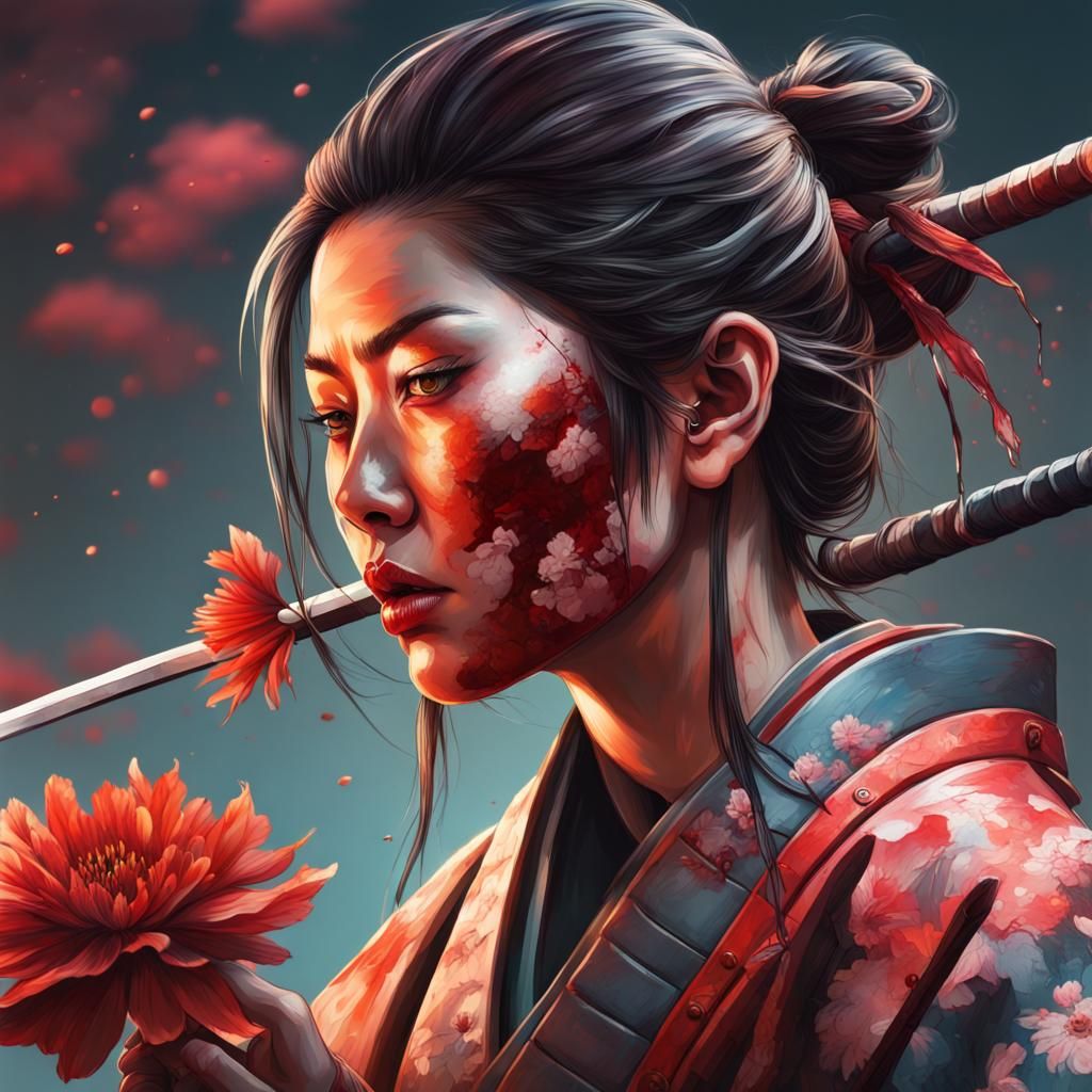 Female Samurai Sniffs Flower Amidst Battle