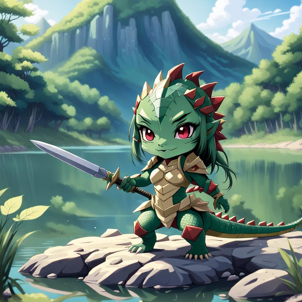 Chibi Lizardwoman Warrior at a Lake in Anime Style