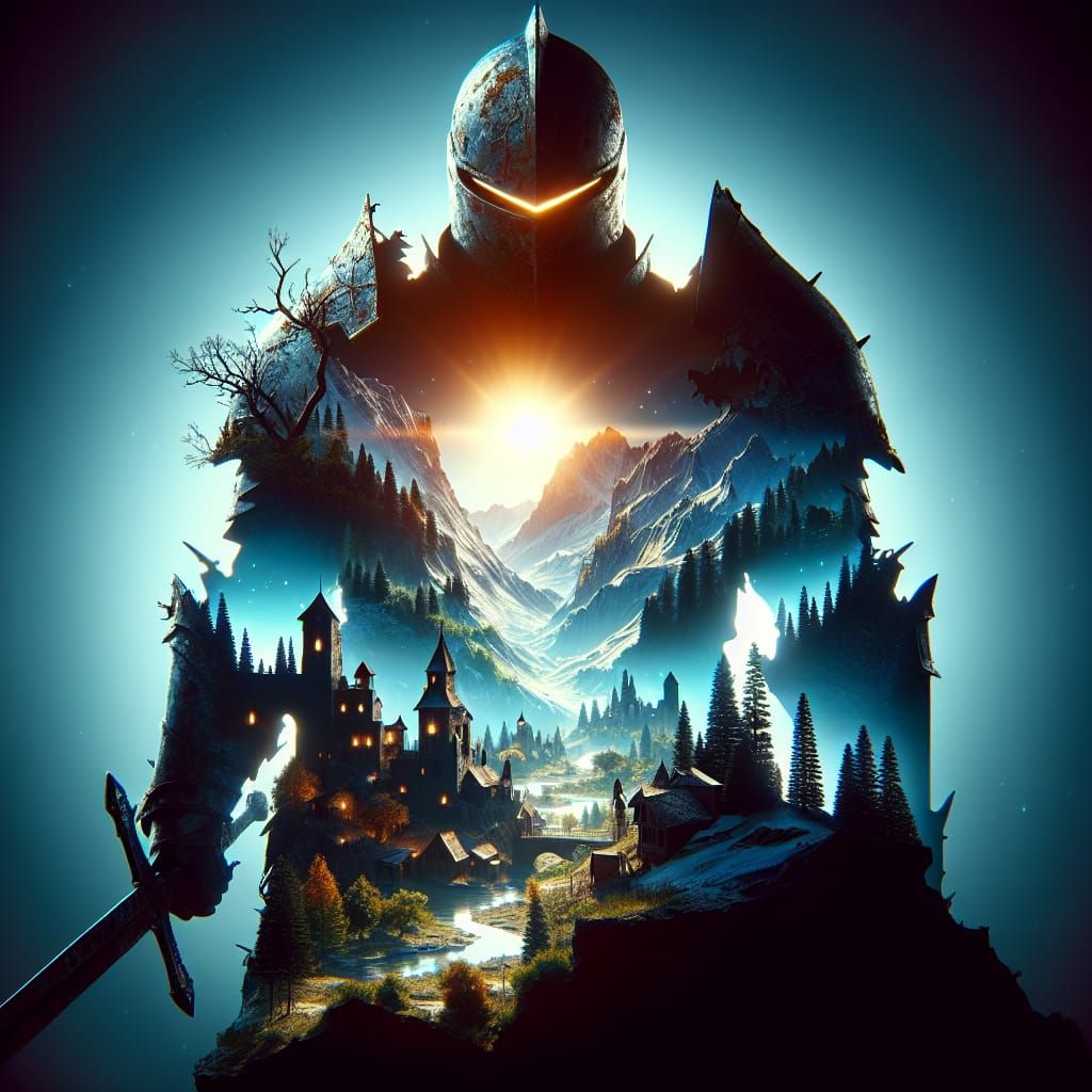 Hyperrealistic Knight Silhouette in Snowy Night Landscape