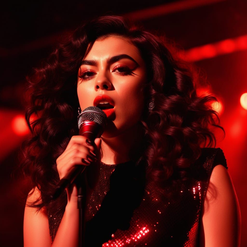 Charli XCX, Hyperrealistic Portrait in Red Lighting