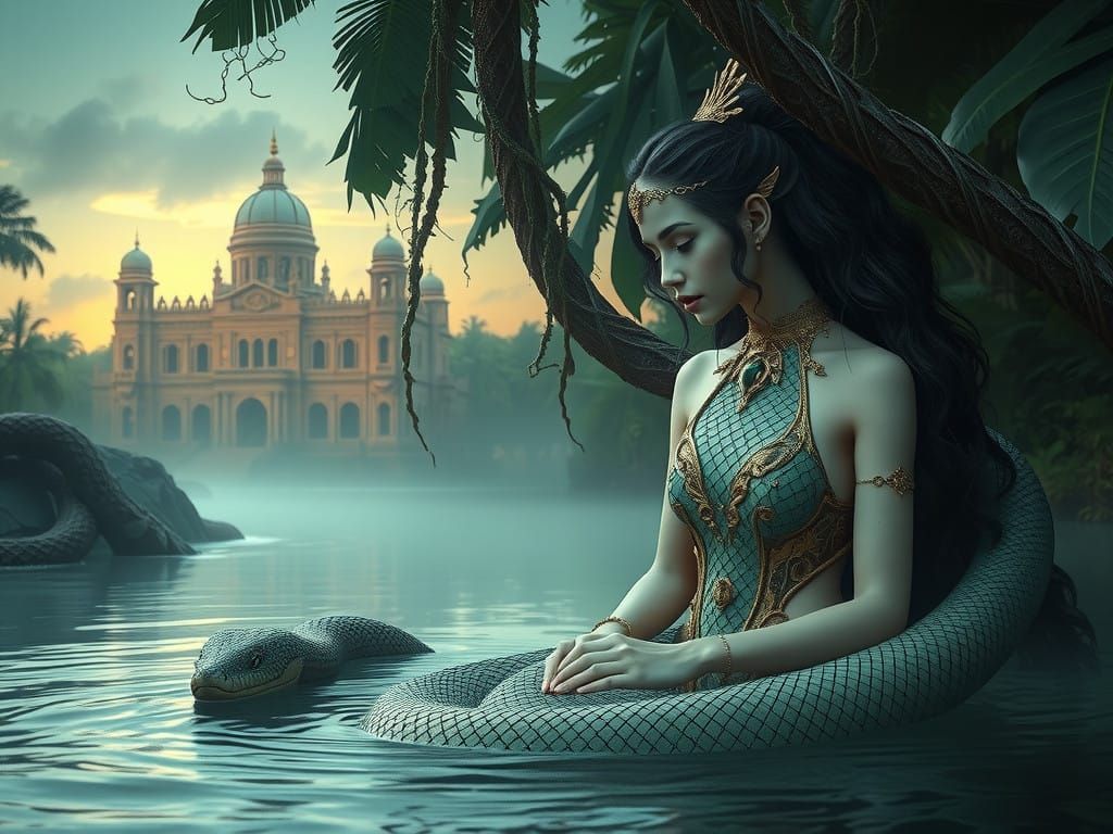 Pale Snake Princess in Mysterious River Landscape