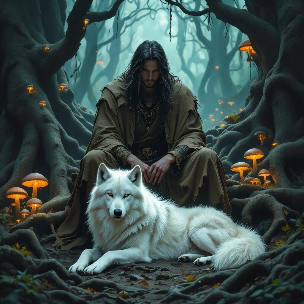 Angel and Wolf in Mystical Forest Concept Art