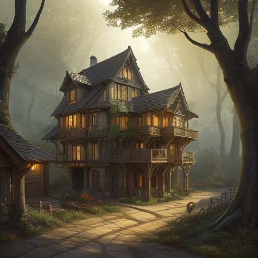 Mystical Forest Village in Comic Book Style