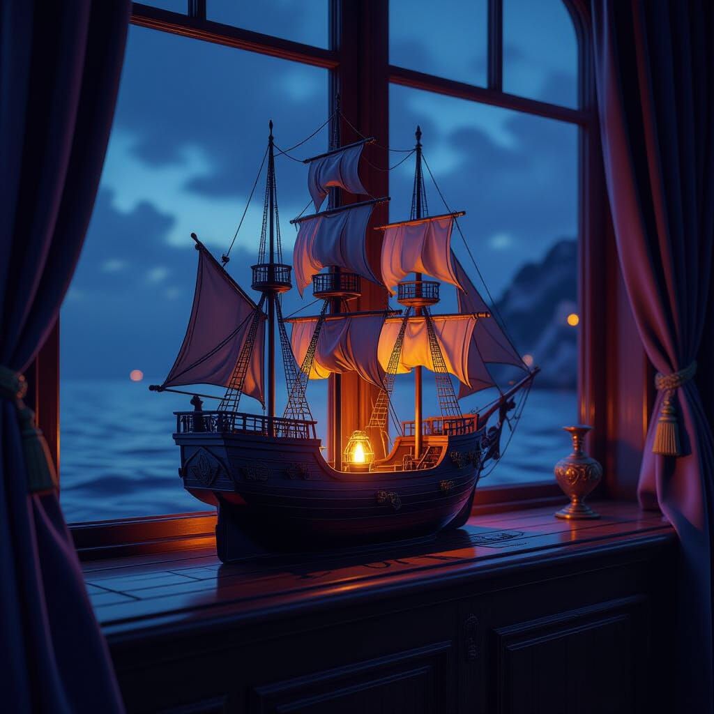 Ship in Bottle: Fantasy Art Nouveau Illustration